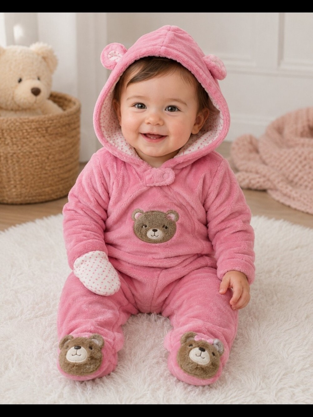 SMALL WONDERS 12M pink faux fur bear bunting suit